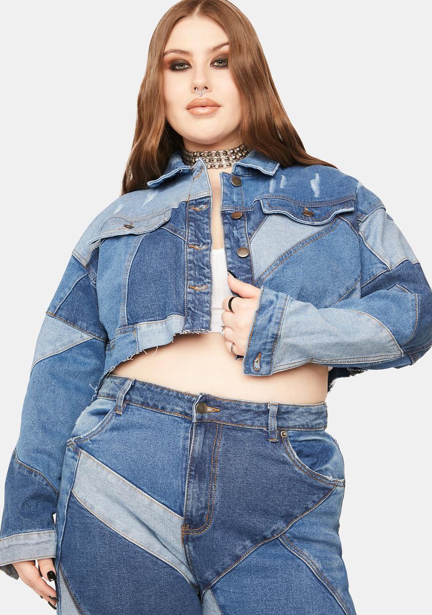 Plus Size Patchwork Denim Cropped Jacket - Blue Product Image