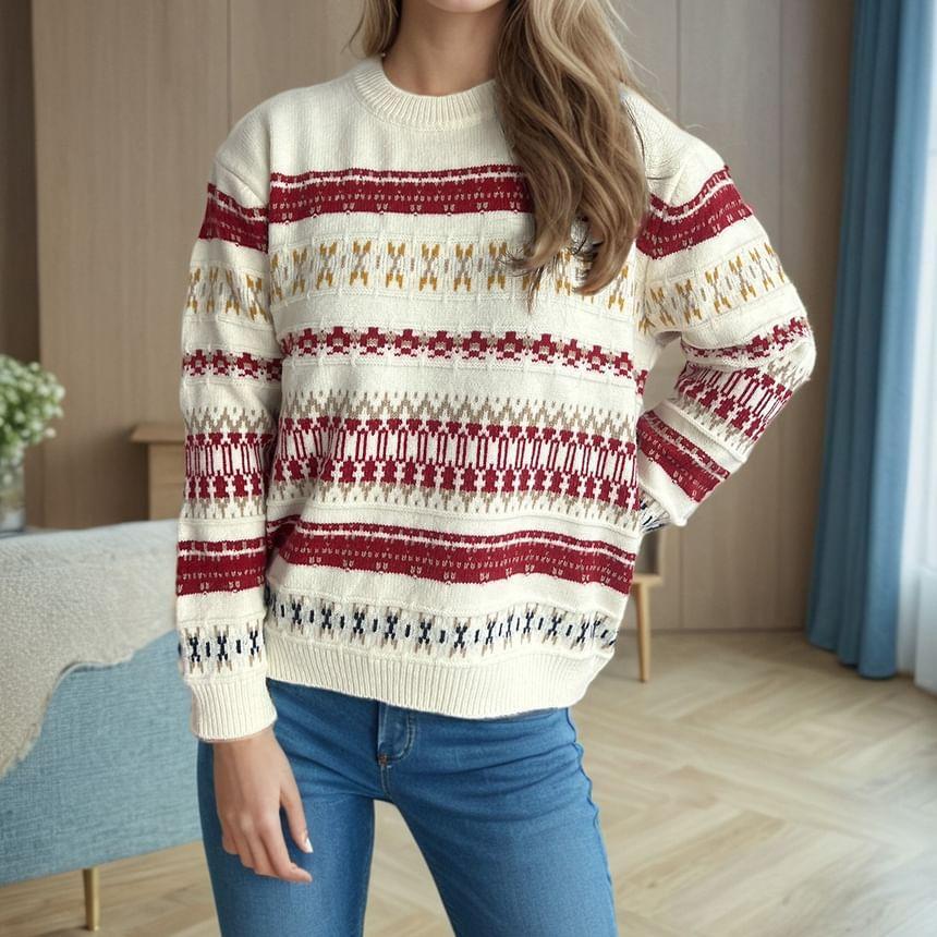 Crew Neck Pattern Jacquard Sweater Product Image