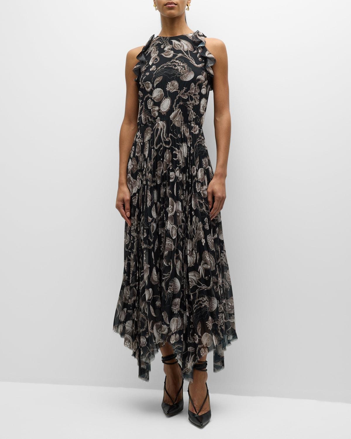 Marine Print Pleated Chiffon Midi Dress Product Image