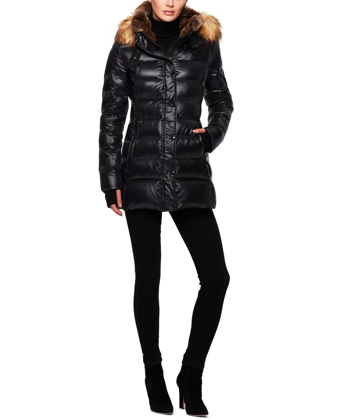 S13 Womens Chelsea High-Shine Faux-Fur-Trim Hooded Puffer Coat Product Image