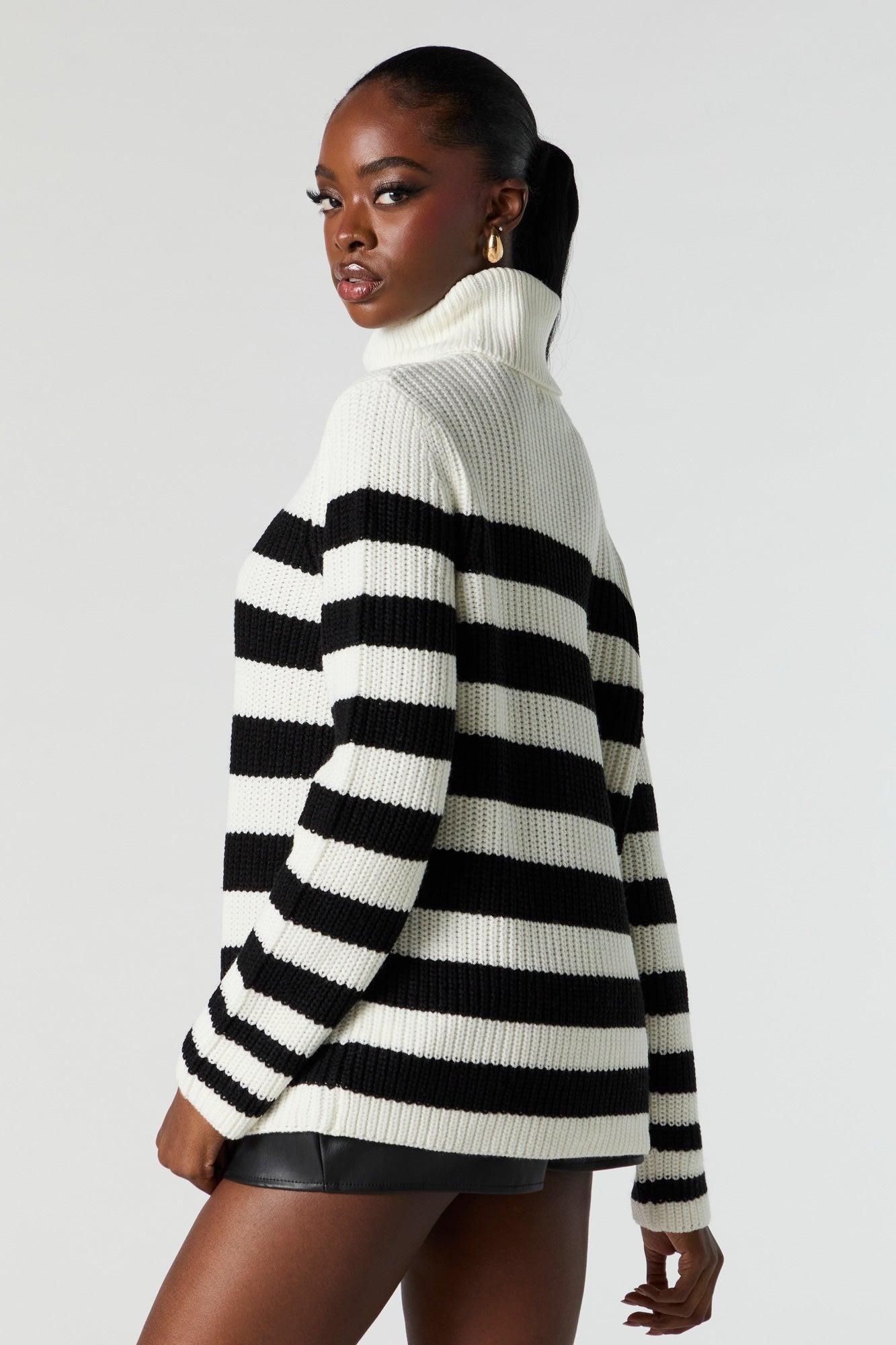 Striped Ribbed Knit Turtleneck Tunic Sweater Female Product Image