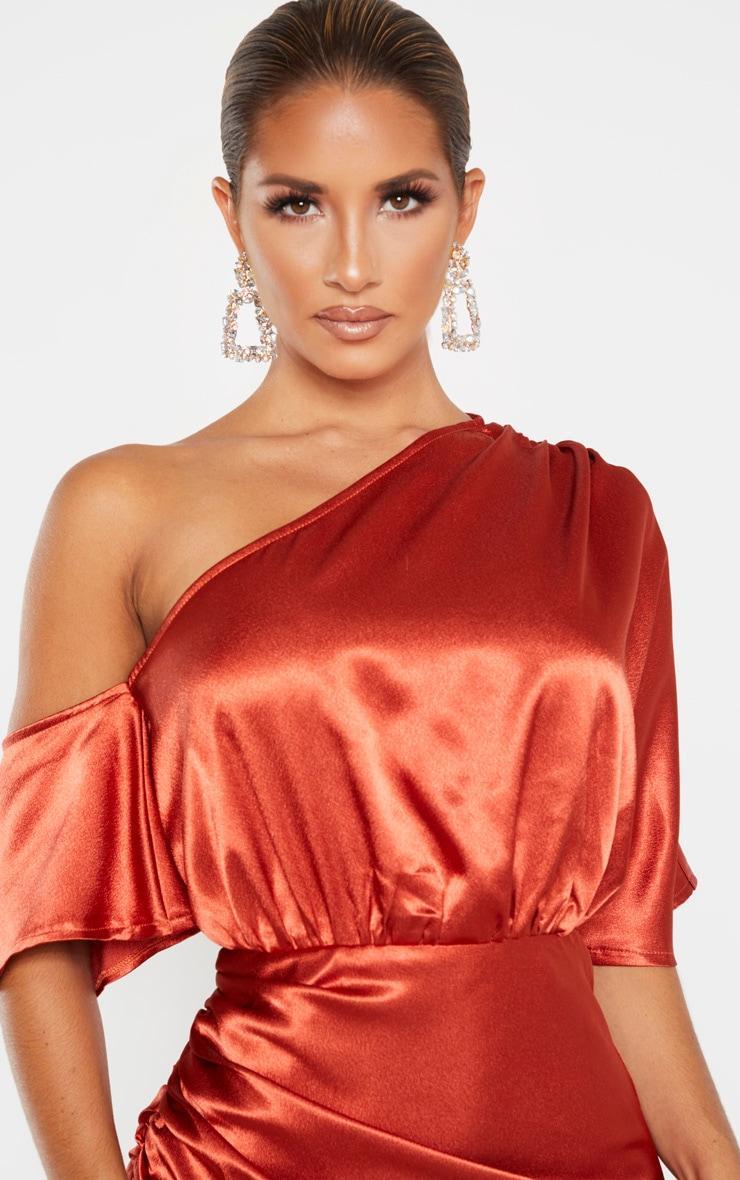 Rust Satin One Shoulder Ruched Skirt Midi Dress Product Image