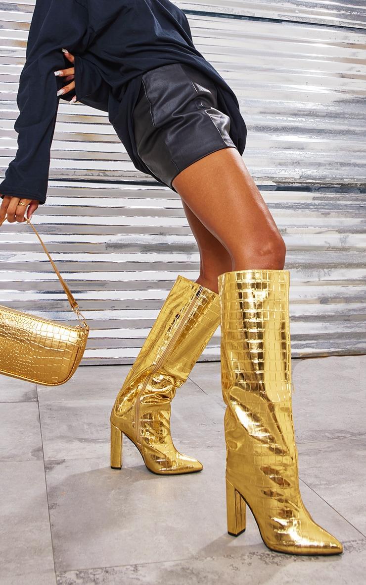 Gold Wide Fit Metallic Point Toe Croc Block High Heeled Knee Boots Product Image