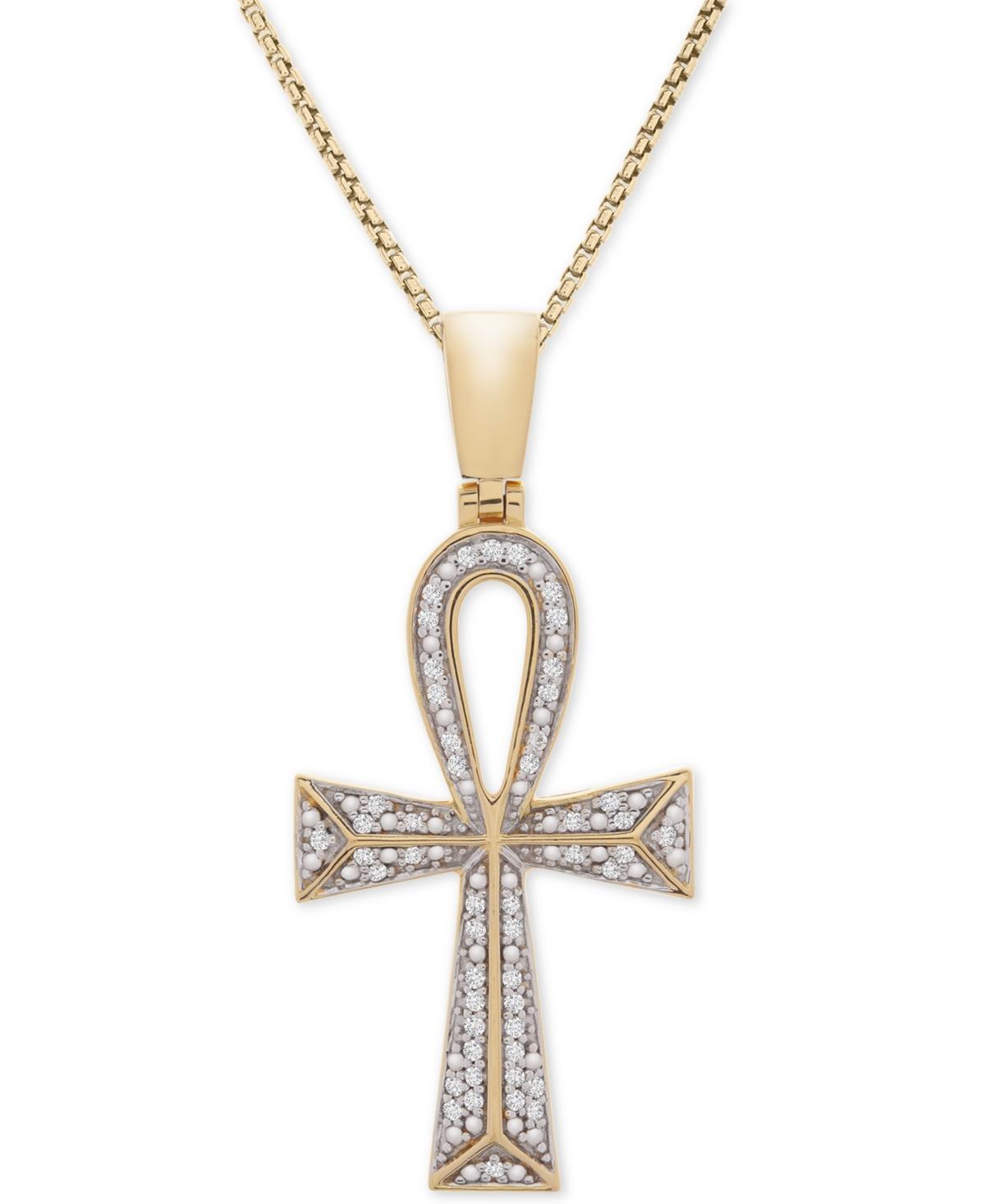 Mens Diamond Ankh Cross 22 Pendant Necklace (1/4 ct. t.w.) in 14k Gold-plated Sterling Silver and Sterling Silver Product Image