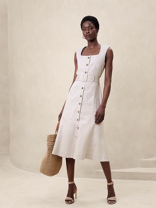 Linen-Blend Button Midi Dress Product Image