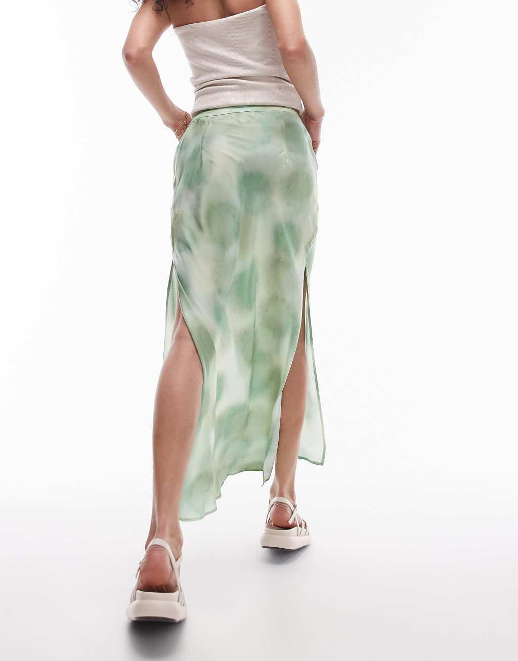 Topshop satin tie dye bias cut skirt in green Product Image