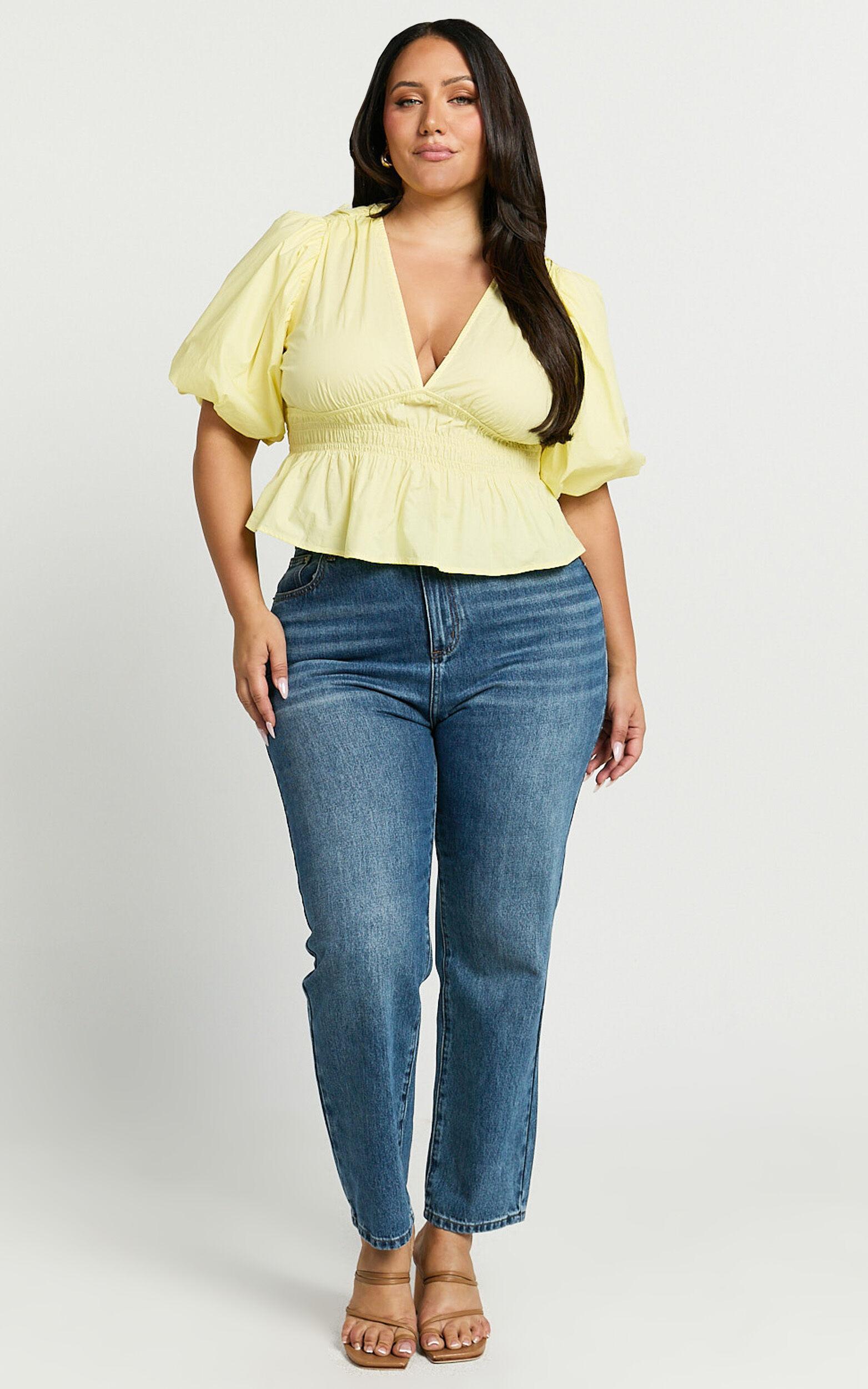 Mellie Top - Puff Sleeve Peplum Top in Yellow Product Image