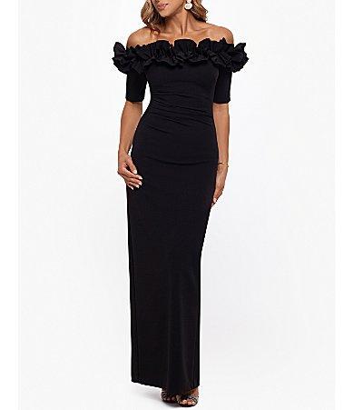 Xscape Evenings Off the Shoulder Ruffle Crepe Trumpet Gown Product Image