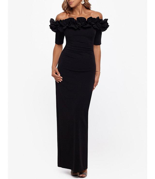 Xscape Ruffled Off-the-Shoulder Short Sleeve Crepe Sheath Gown Product Image