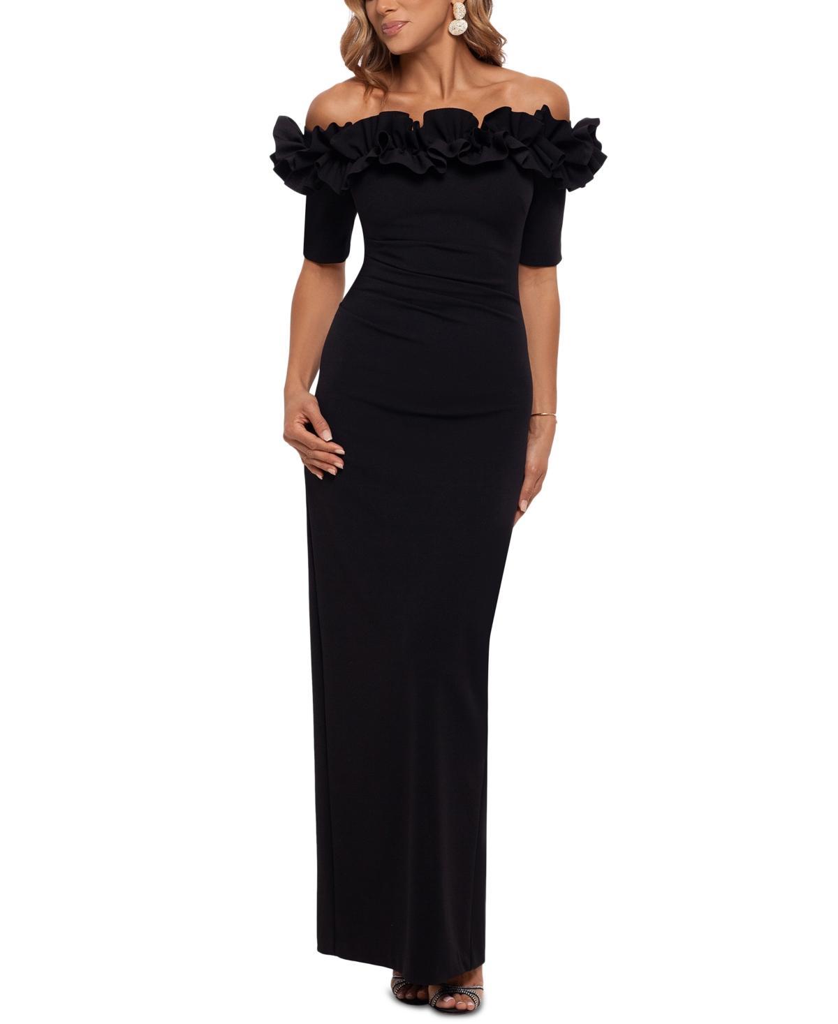 Xscape Evenings Off the Shoulder Ruffle Crepe Trumpet Gown Product Image