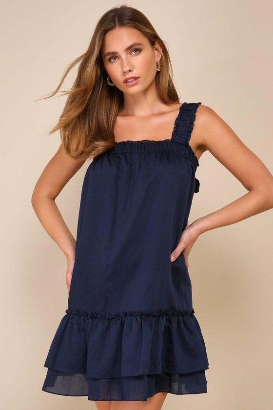 Sensationally Precious Navy Blue Bow Ruffled Mini Shift Dress Product Image