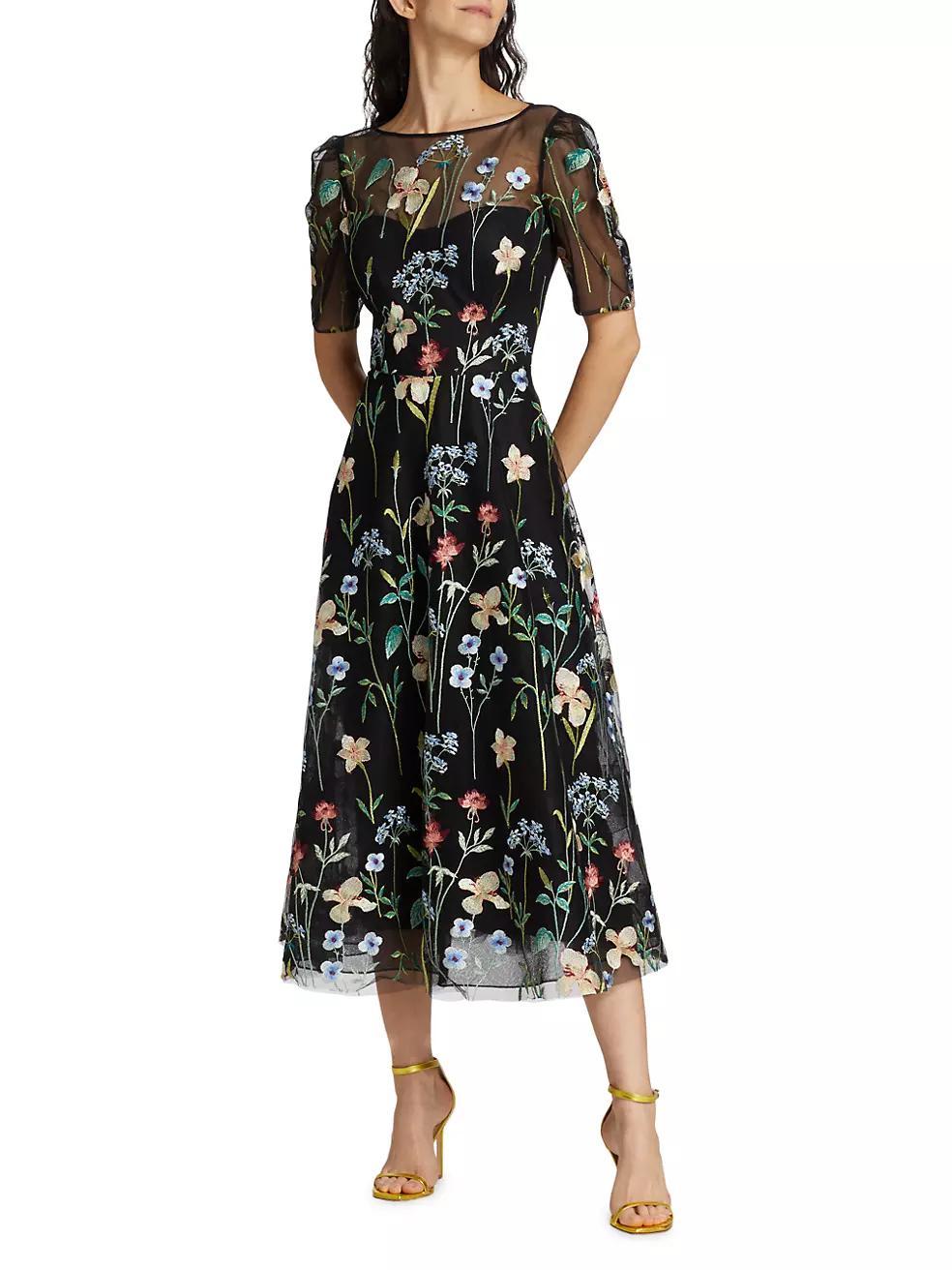 Floral-Embroidered Illusion Midi-Dress Product Image