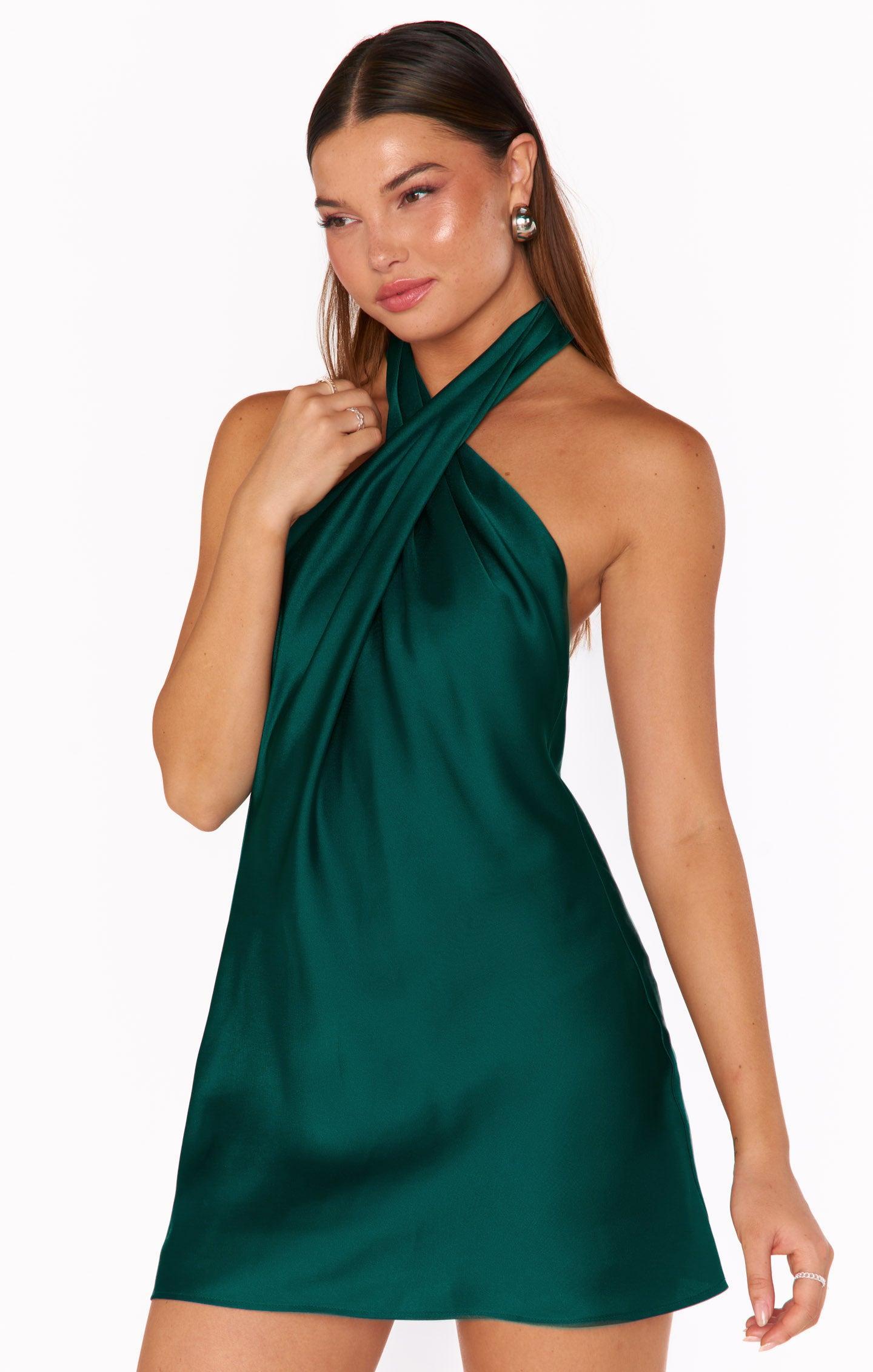 Jasmine Halter Mini Dress ~ Deep Emerald Luxe Satin Product Image