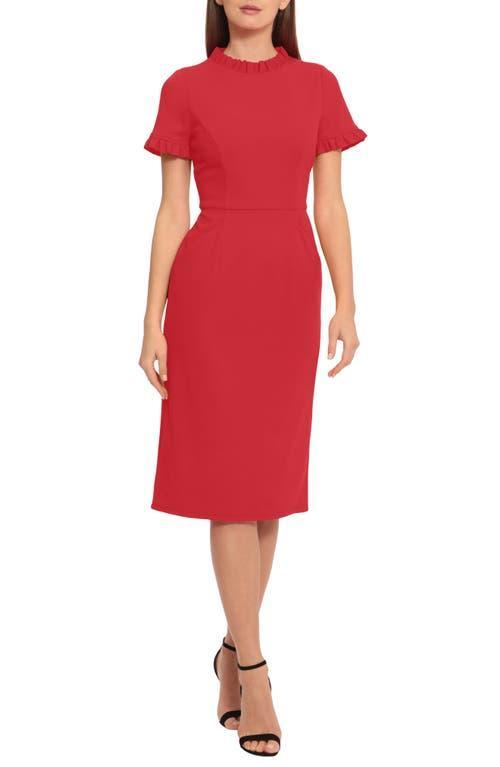 Maggy London Ruffle Mock Neck Short Sleeve Stretch Crepe Midi Pencil Sheath Dress Product Image