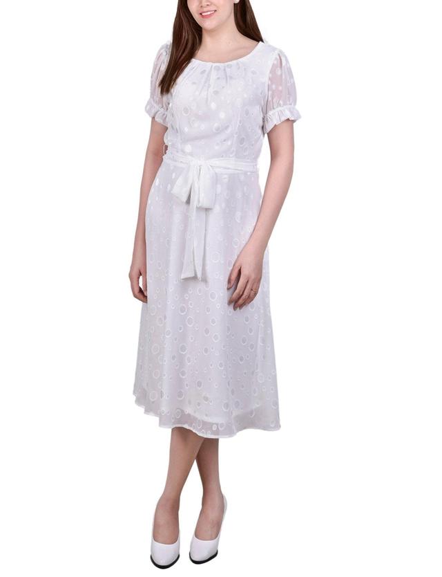 Short Sleeve Belted Swiss Dot Dress - Petite Product Image