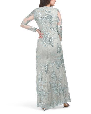 Long Sleeve Lace Gown With Floral Embroidered Detail for Women Product Image