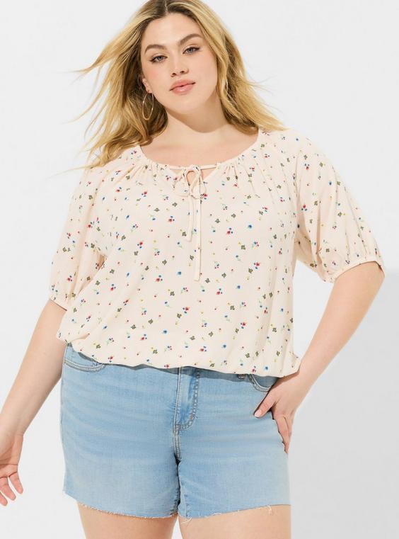 Washable Crinkle Gauze Blouson Short Sleeve Crop Top Product Image