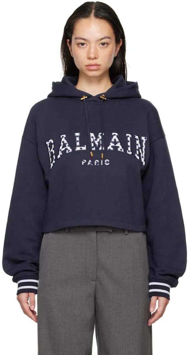 BALMAIN Navy Vichy Detail Cropped Hoodie In Smn Bleu Nuit/blanc Product Image