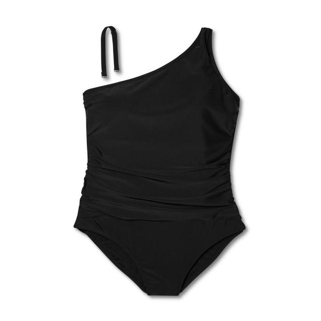 Womens Tummy Control One Shoulder Ruched Full Coverage One Piece Swimsuit - Kona Sol Black XS Product Image