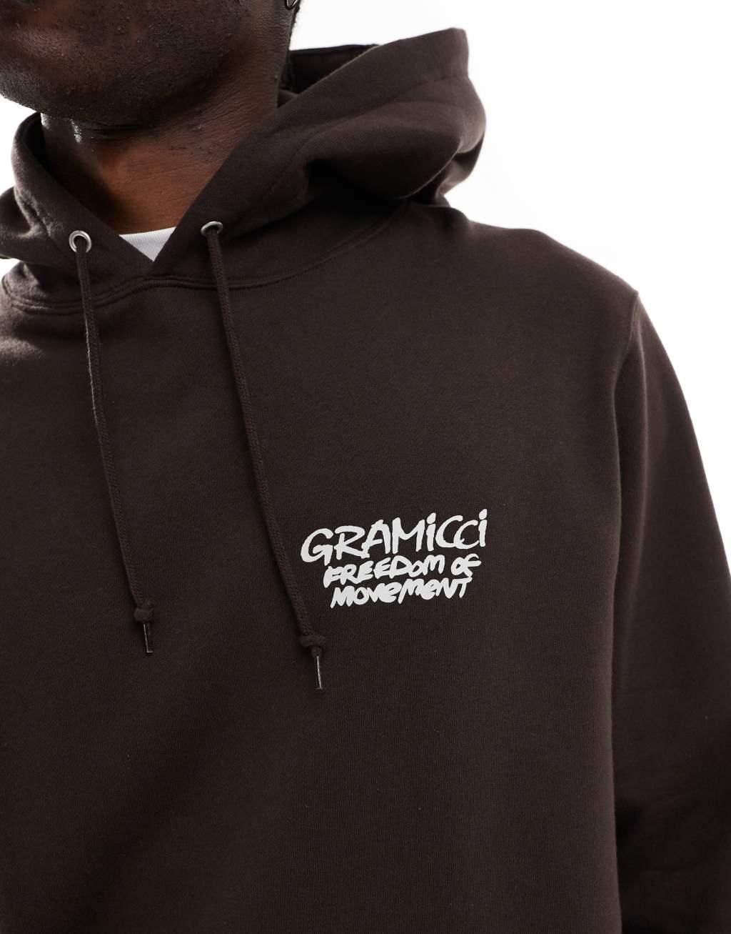 Gramicci napping climber graphic hoodie in dark brown Product Image