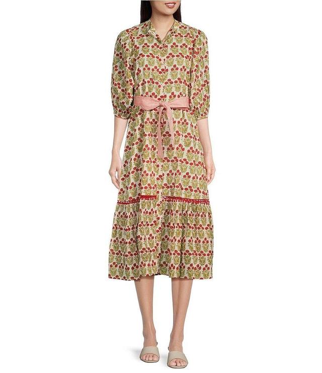 Ro's Garden Flirty Printed 3/4 Puff Sleeve Button Down Midi Dress Product Image