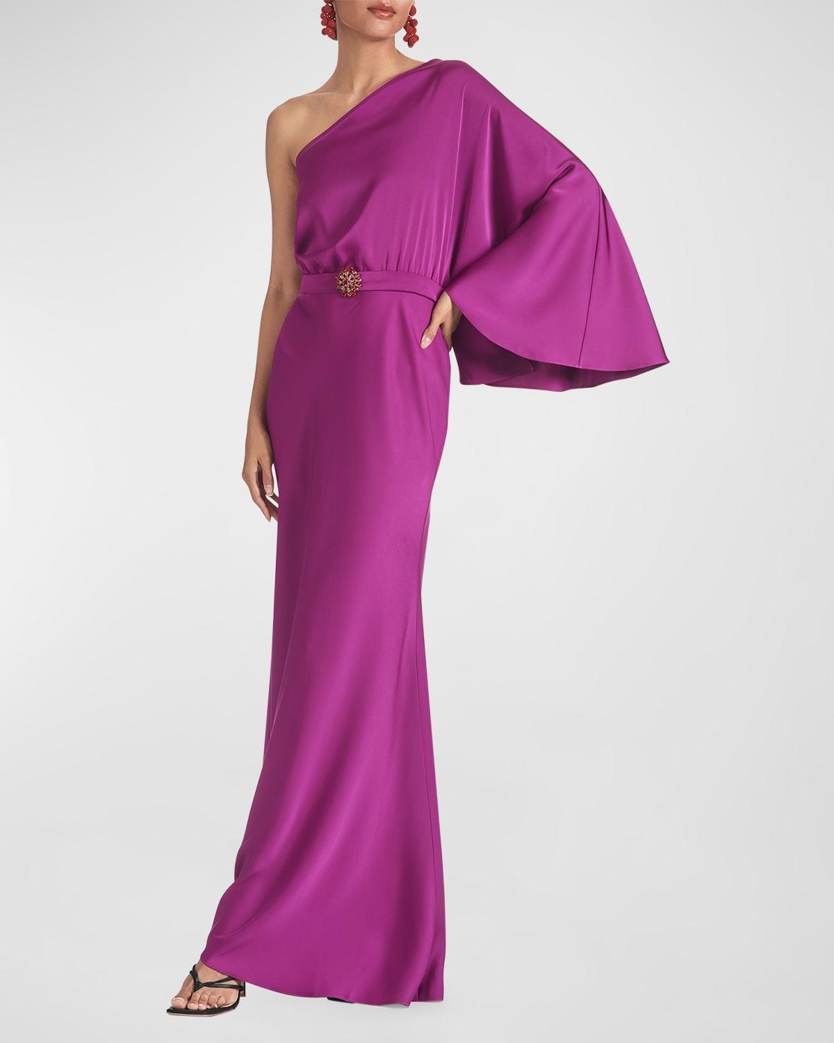 Cella One-Shoulder Kimono-Sleeve Gown Product Image