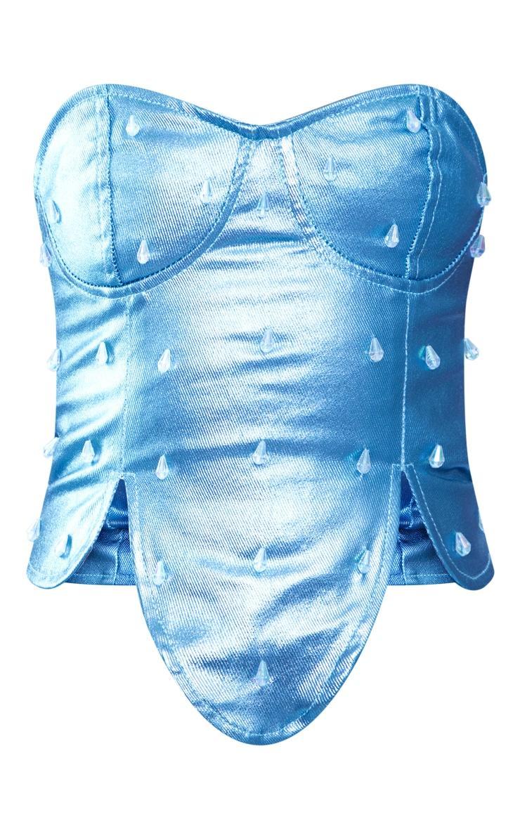 Blue Embellished Metallic Coated Denim Corset Top Product Image