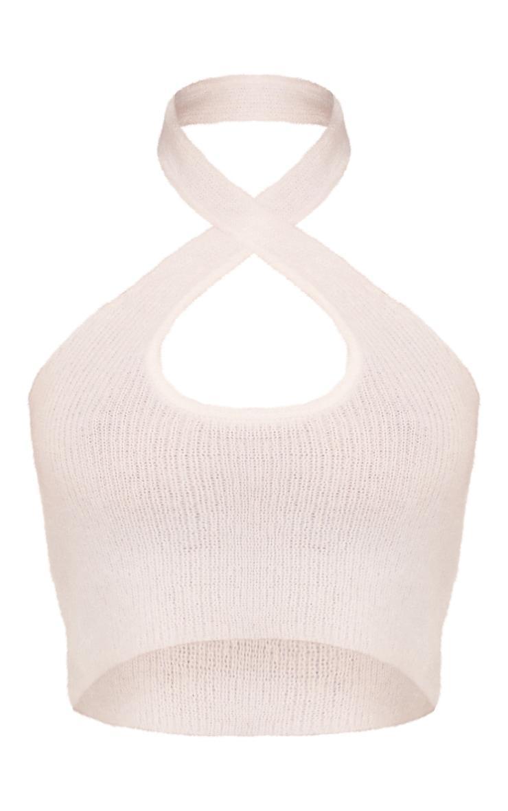 White Candyfloss Knit Cross Front Crop Top Product Image