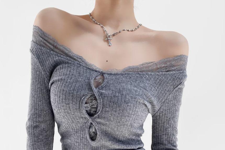 Long-Sleeve V-Neck Cutout Plain Knit Top Product Image