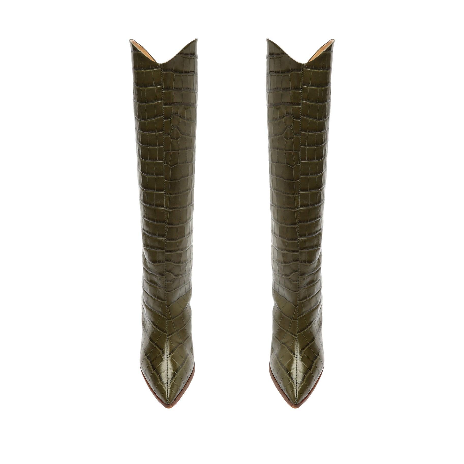 Maryana Block Crocodile-Embossed Leather Boot - 5 Military Green Crocodile-Embossed Leather Product Image