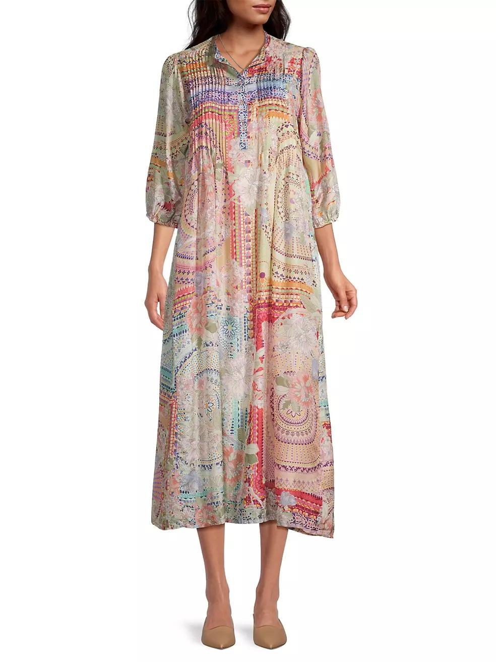 Garden Mosaic Tile Britta Floral Silk Midi-Dress Product Image