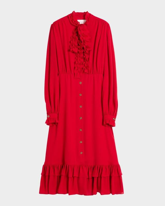 Ruffle Bow Long-Sleeve Silk Georgette Midi Shirtdress Product Image