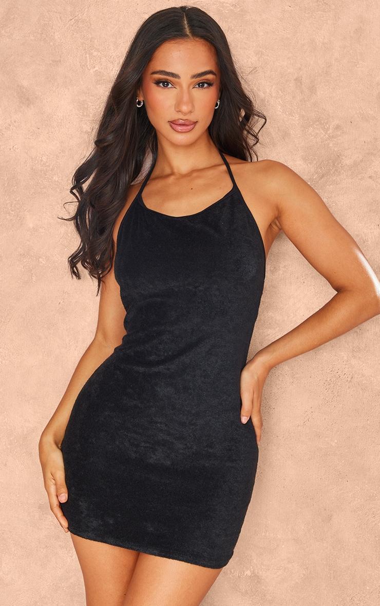 Petite Black Towelling Halterneck Mini Dress Product Image