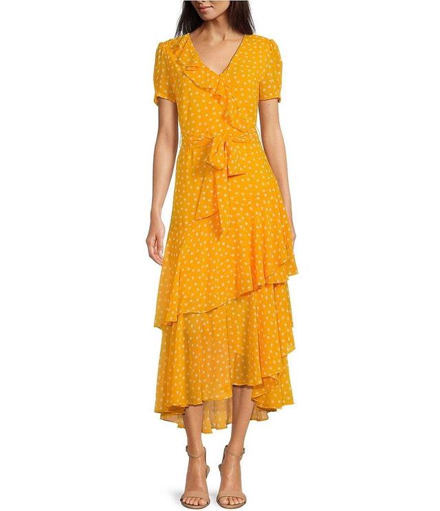 KARL LAGERFELD PARIS Polka Dot Print V-Neck Short Sleeve Ruffle Tiered Belted Wrap Maxi Dress Product Image