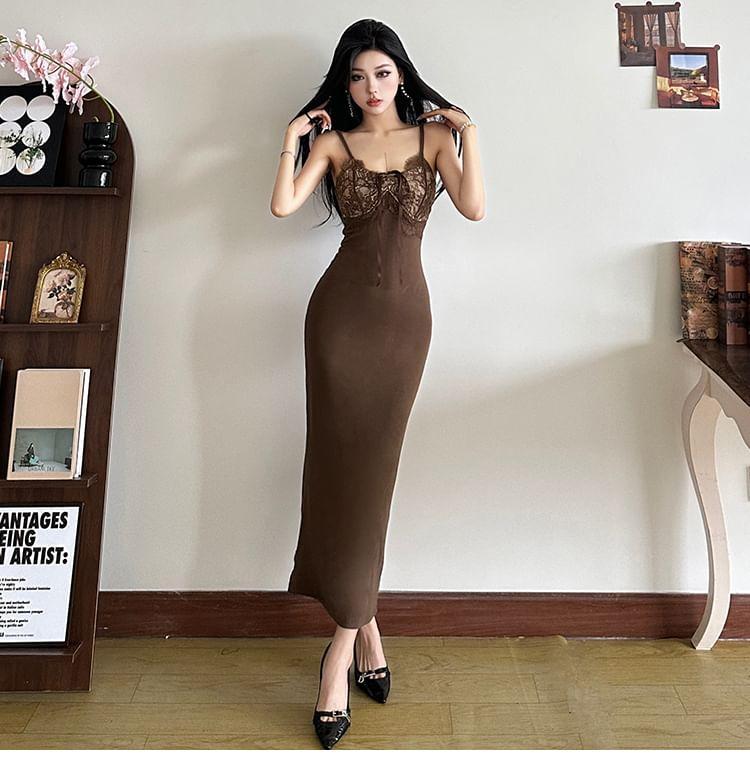 Spaghetti Strap Lace Panel Bodycon Maxi Dress Product Image