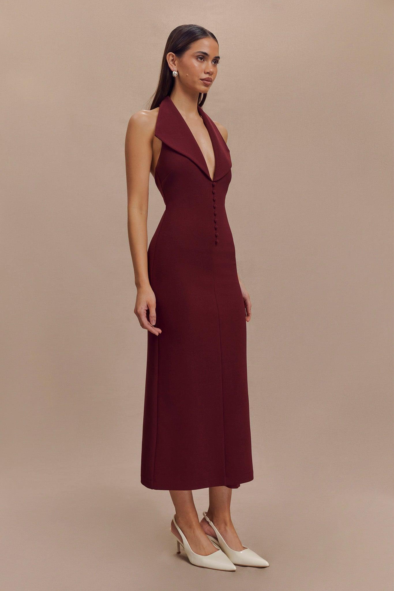 Annita Crepe Halter Midi Dress - Merlot Product Image