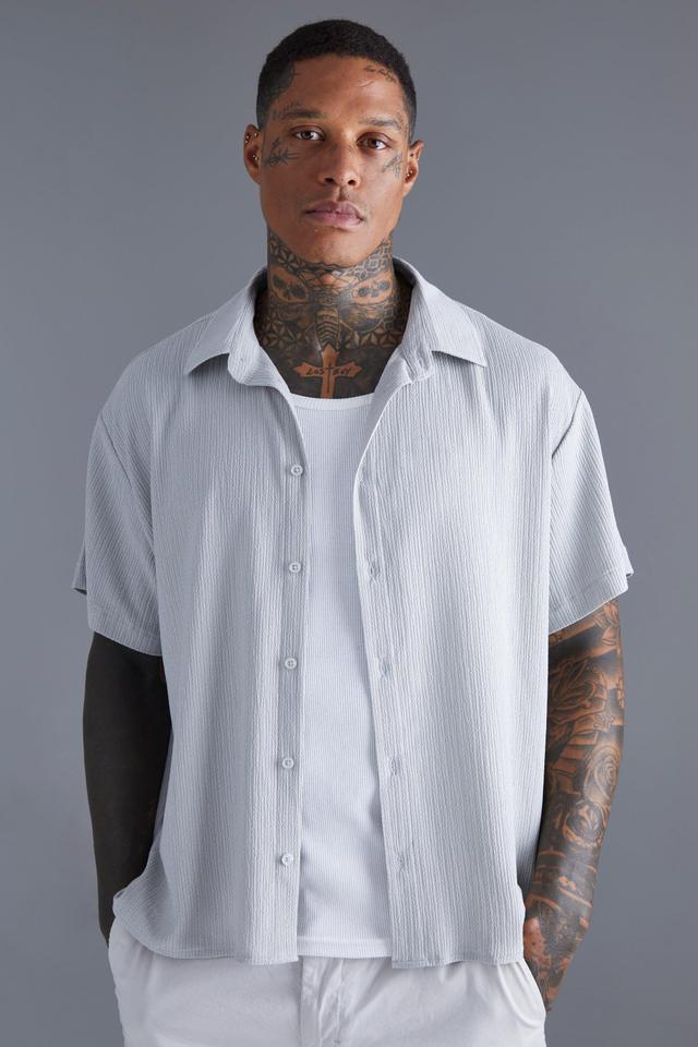 Mens Grey Short Sleeve Boxy Crinkle Shirt, Grey Product Image