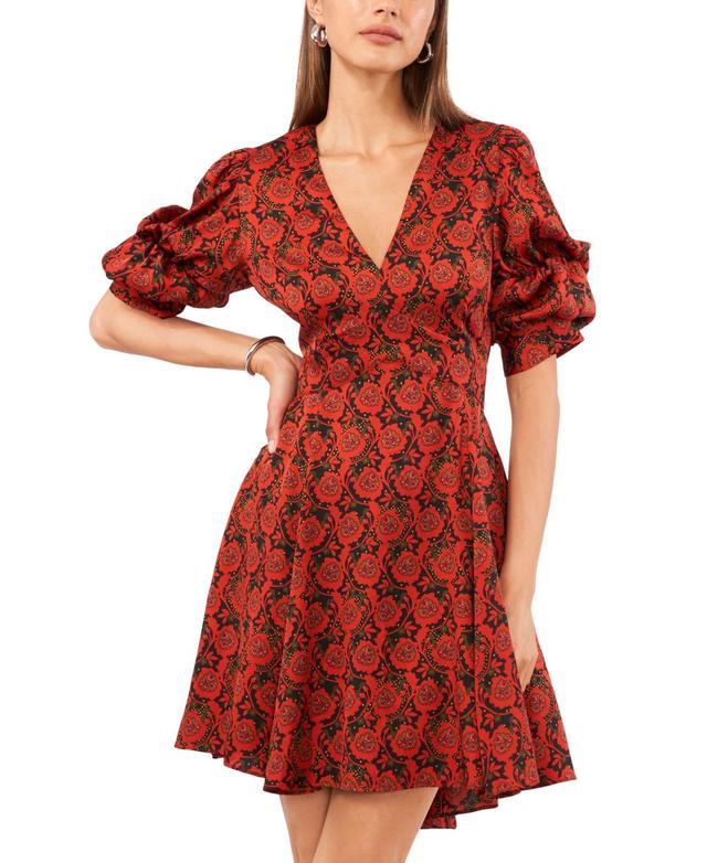 1.state Womens Printed V-Neck Tiered Bubble Puff Sleeve Mini Dress Product Image