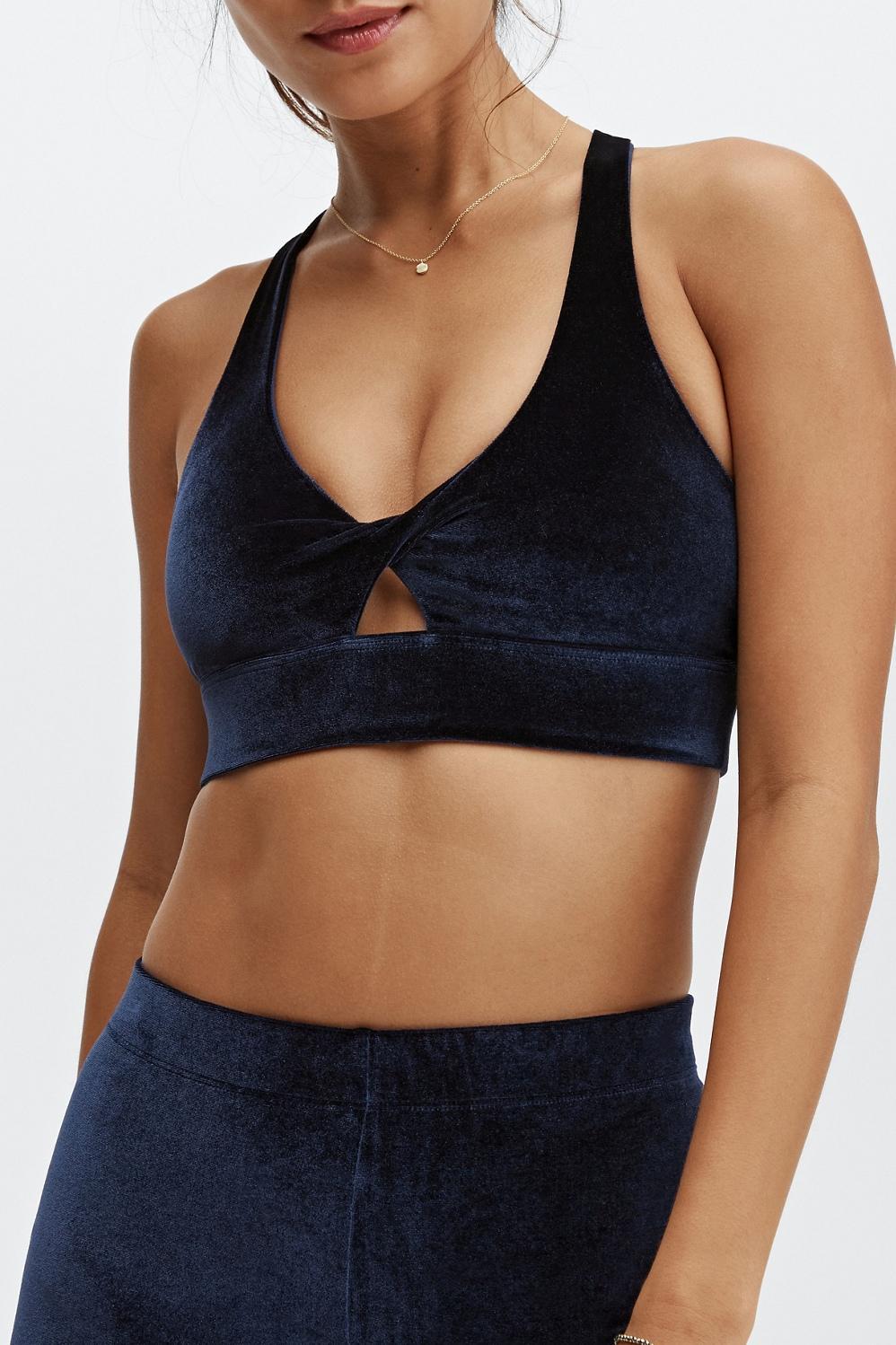 Fabletics Oasis Twist Velour Sports Bra Womens blue plus Size 4X Product Image