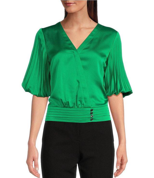 KARL LAGERFELD PARIS Surplice V Neckline Pleated Sleeve Blouse Product Image