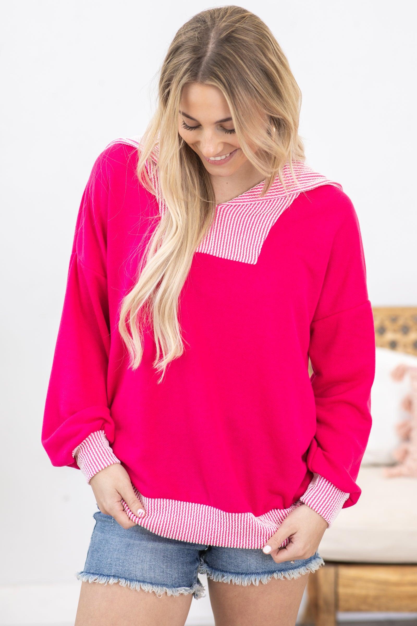 Hot Pink Long Sleeve Rib Detail Knit Top Product Image