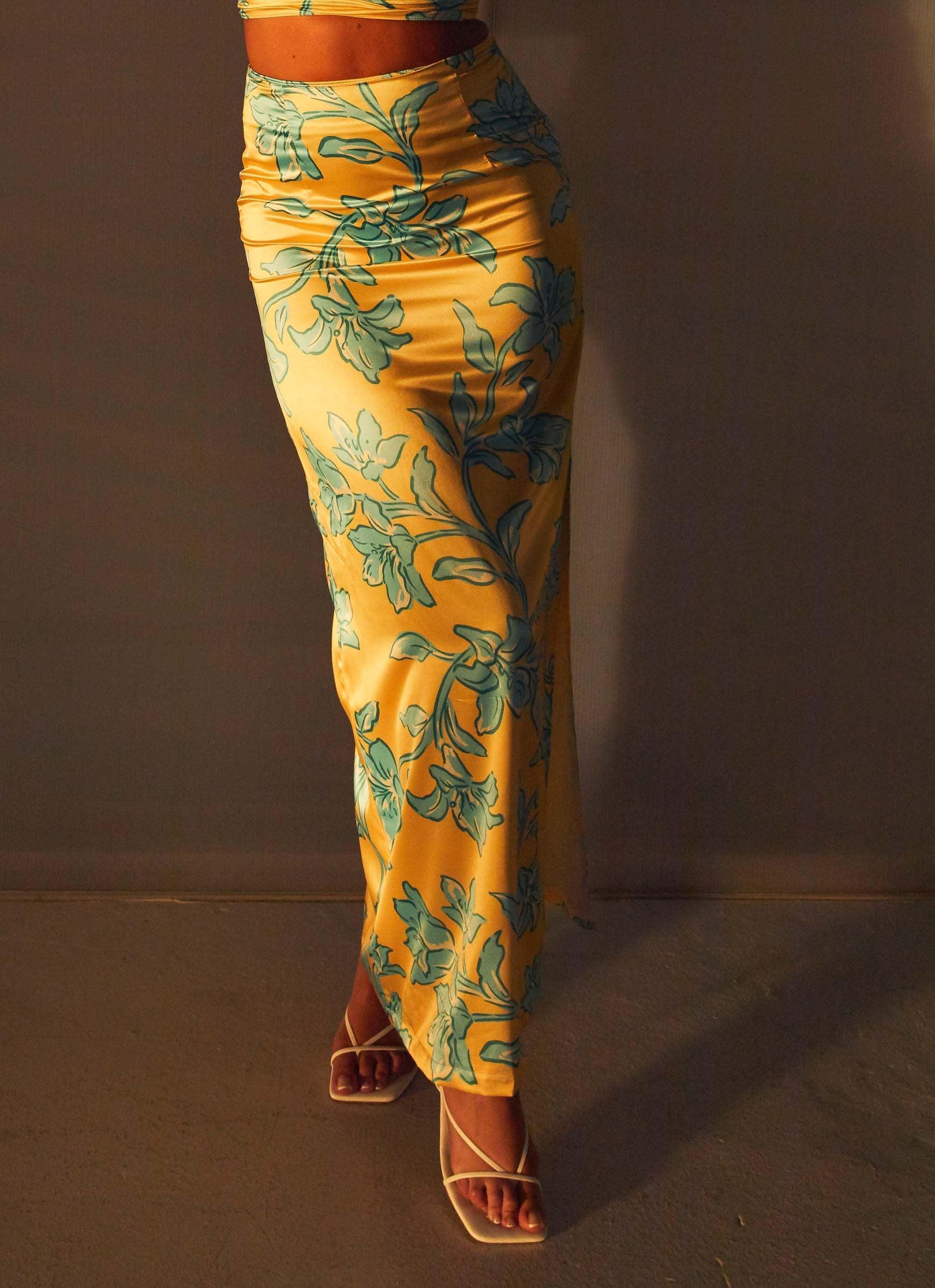 Amalia Satin Maxi Skirt - Golden Bloom Product Image