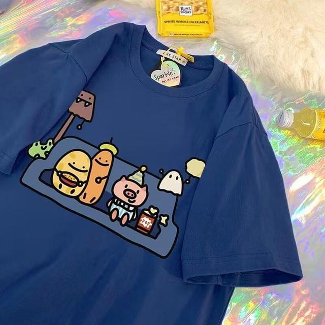 Elbow-Sleeve Crew Neck Cartoon Print T-Shirt Product Image