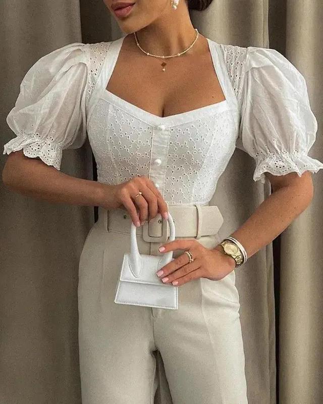 Olivia Mark – Eyelet Embroidered Buttoned Puff Sleeve Top Product Image