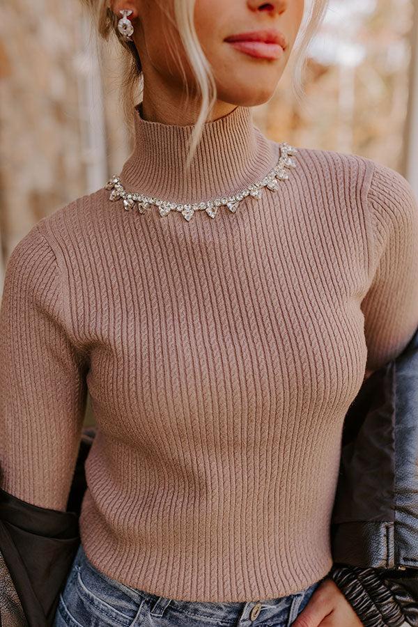 Glam Feeling Rhinestone Embellished Knit Top in Taupe Product Image