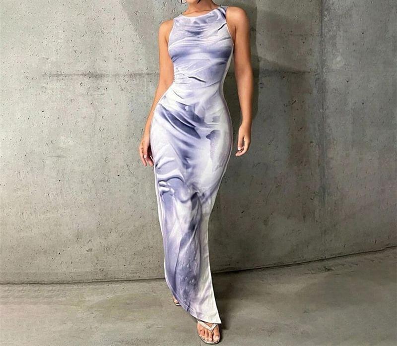 Sleeveless Crew Neck Tie Dye Maxi Bodycon Dress Product Image