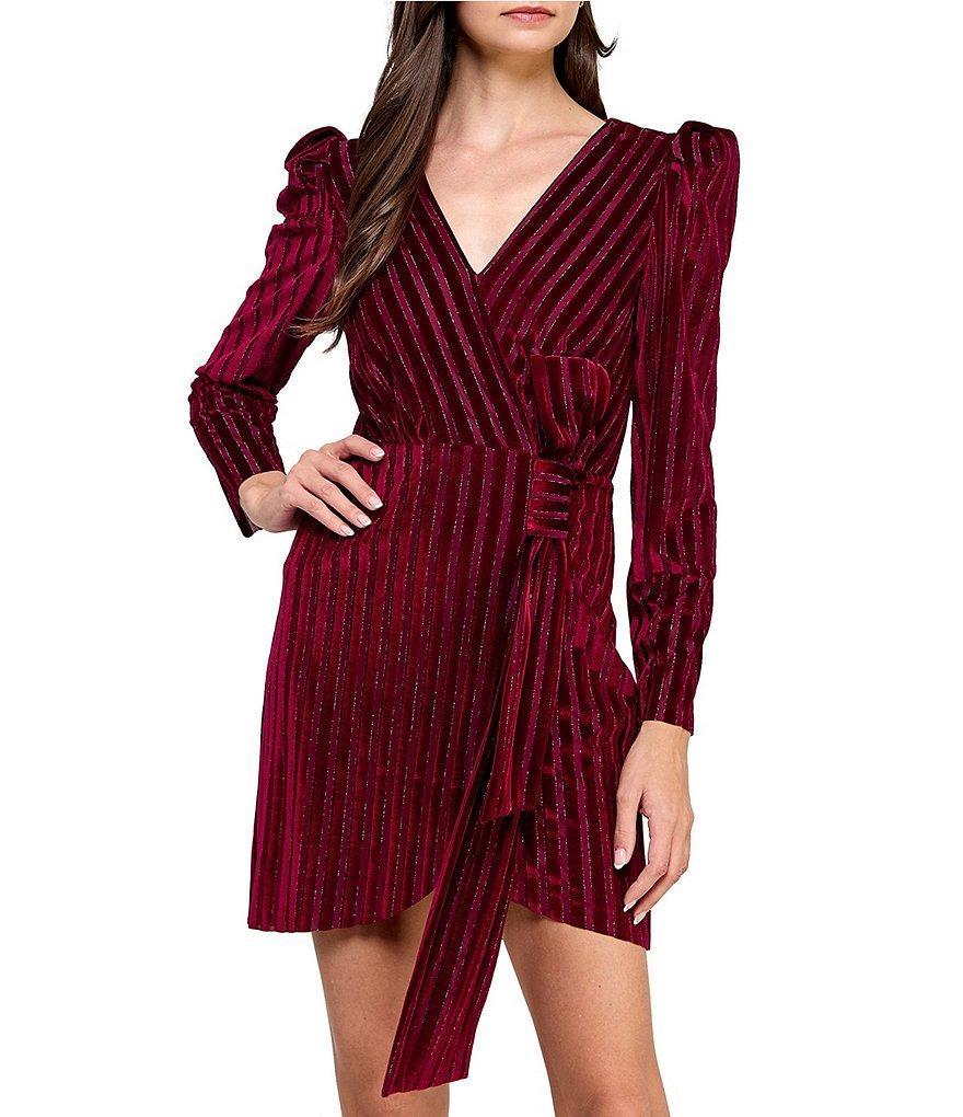 Layered With Love Yasmin Puff Sleeve Shadow Stripe Velvet Faux Wrap Mini Dress product image