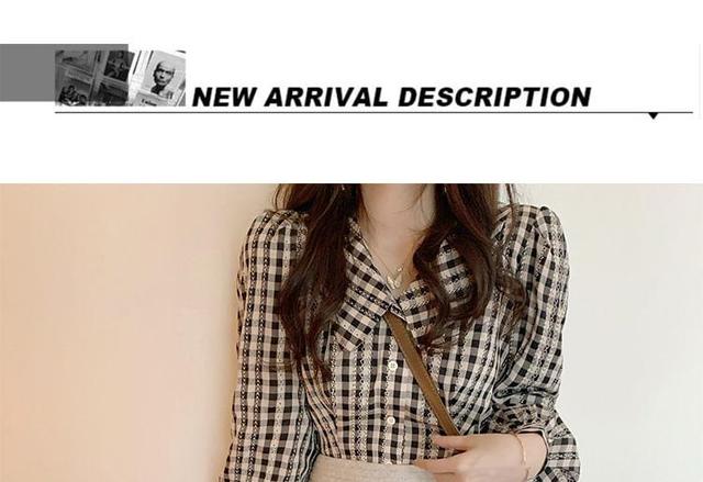 Long-Sleeve Collared V-Neck Plaid Cropped Blouse Product Image