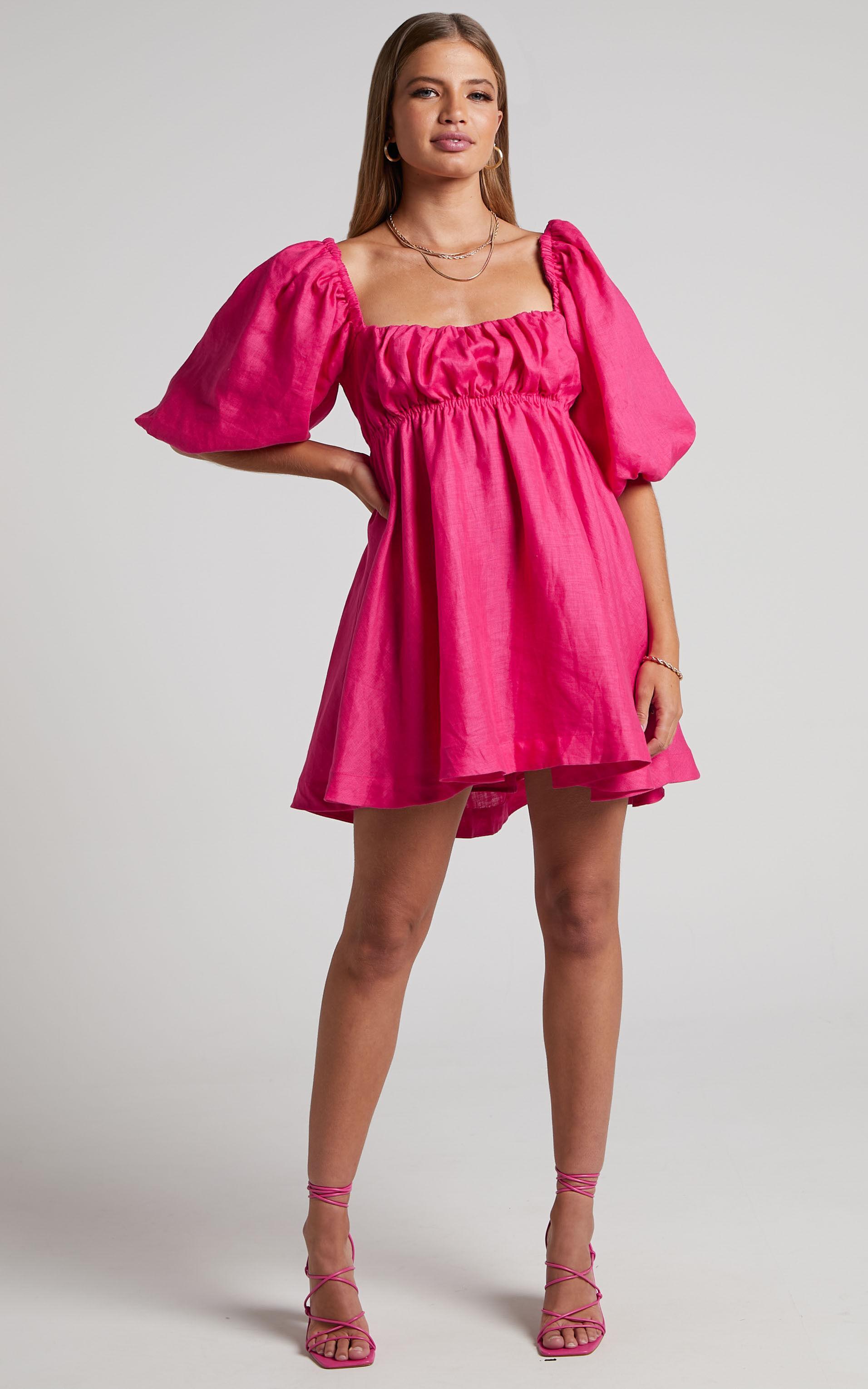 Amalie The Label - Hamyya Linen Tie Back Puff Sleeve Mini Dress in Magenta Product Image