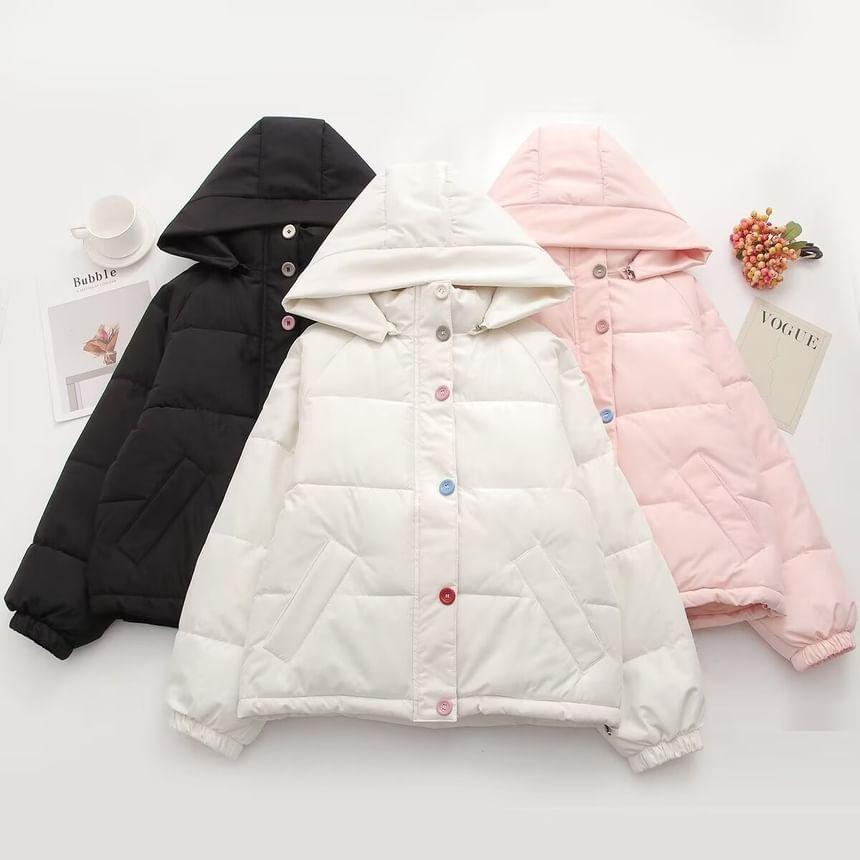 Hooded Stand Collar Button Up Puffer Jacket Product Image